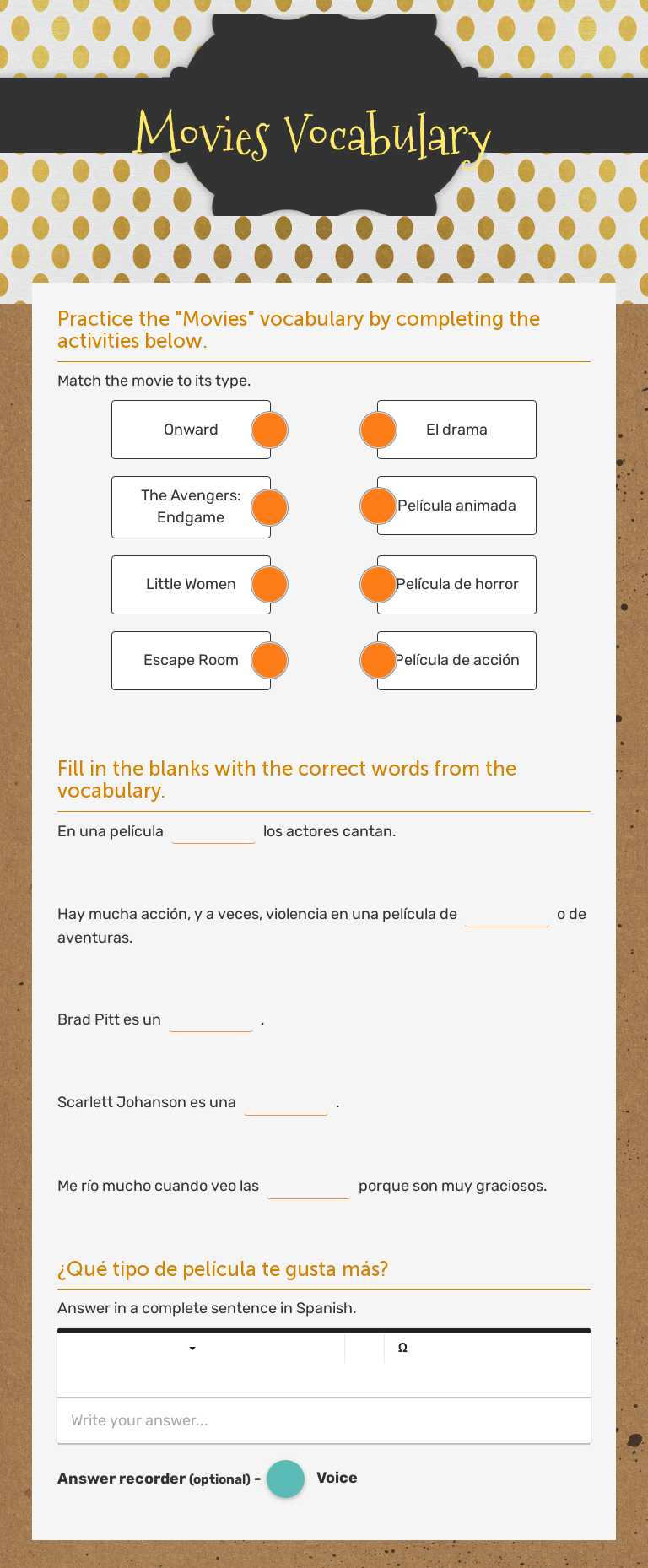 Movies Vocabulary worksheet preview image