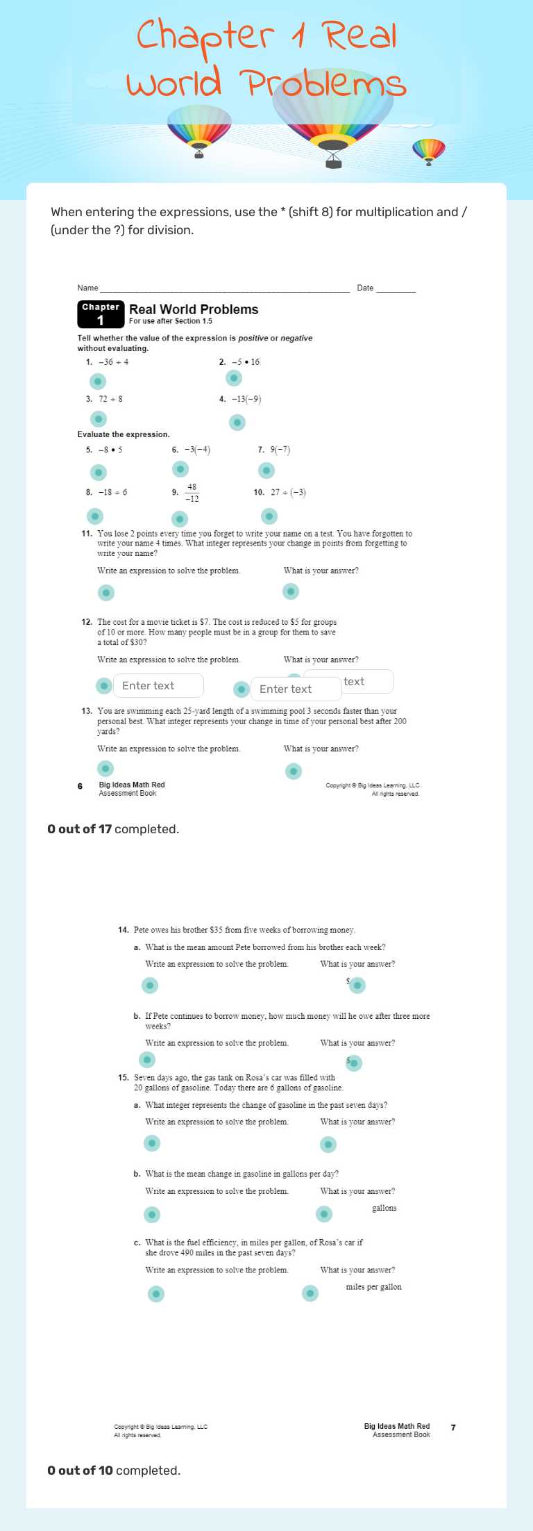 Chapter 1 Real World Problems Grade 7 worksheet preview