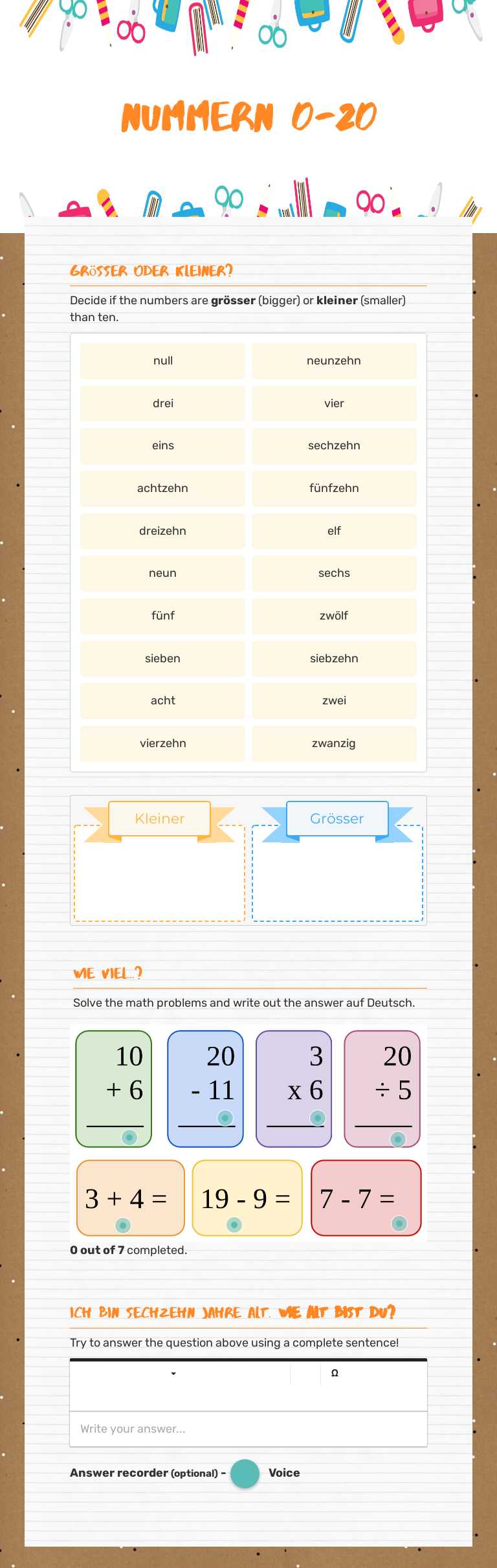 Nummern 0-20 worksheet preview image