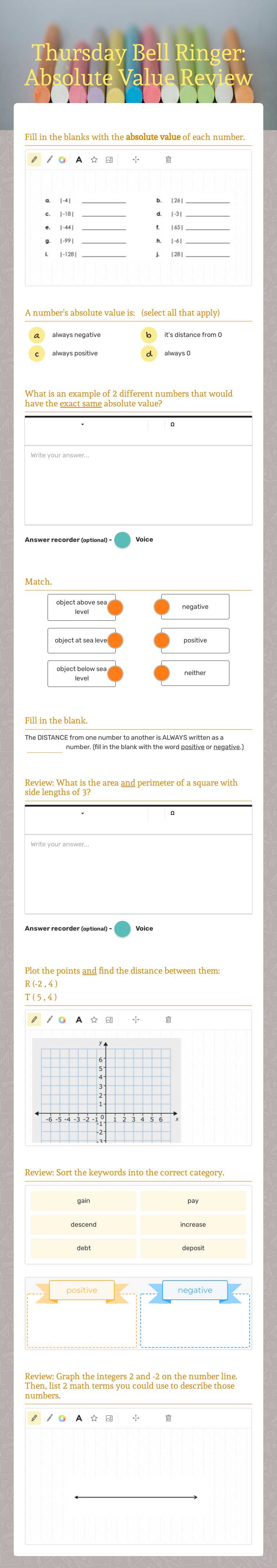 Thursday Bell Ringer:  Absolute Value Review Grade 6 worksheet preview