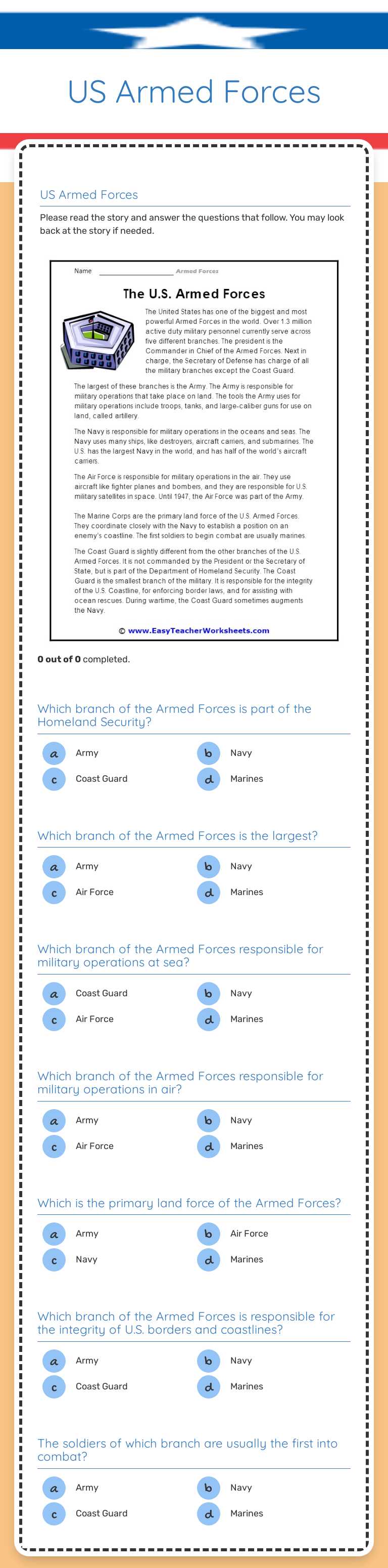 US Armed Forces Grade 4 worksheet preview