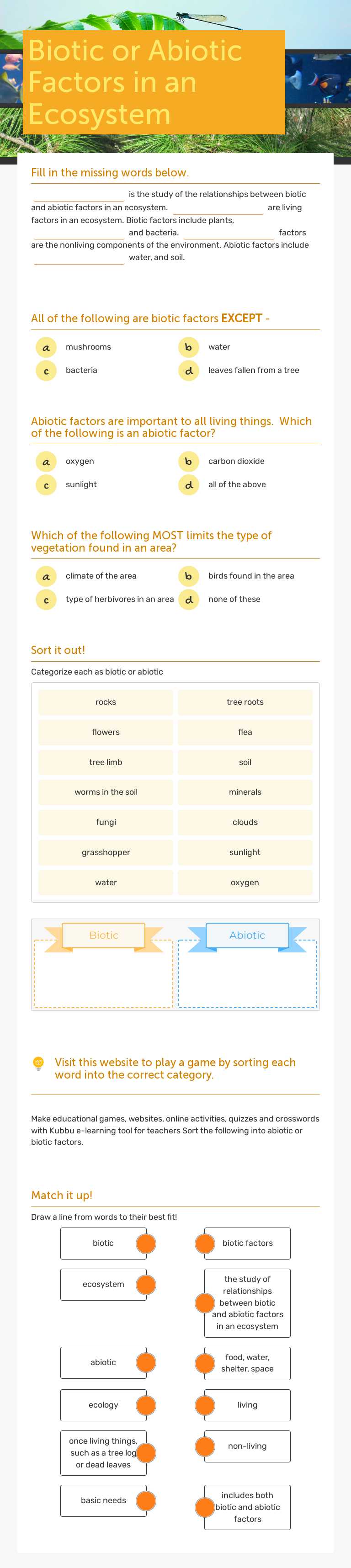 Biotic or Abiotic Factors in an Ecosystem worksheet preview image