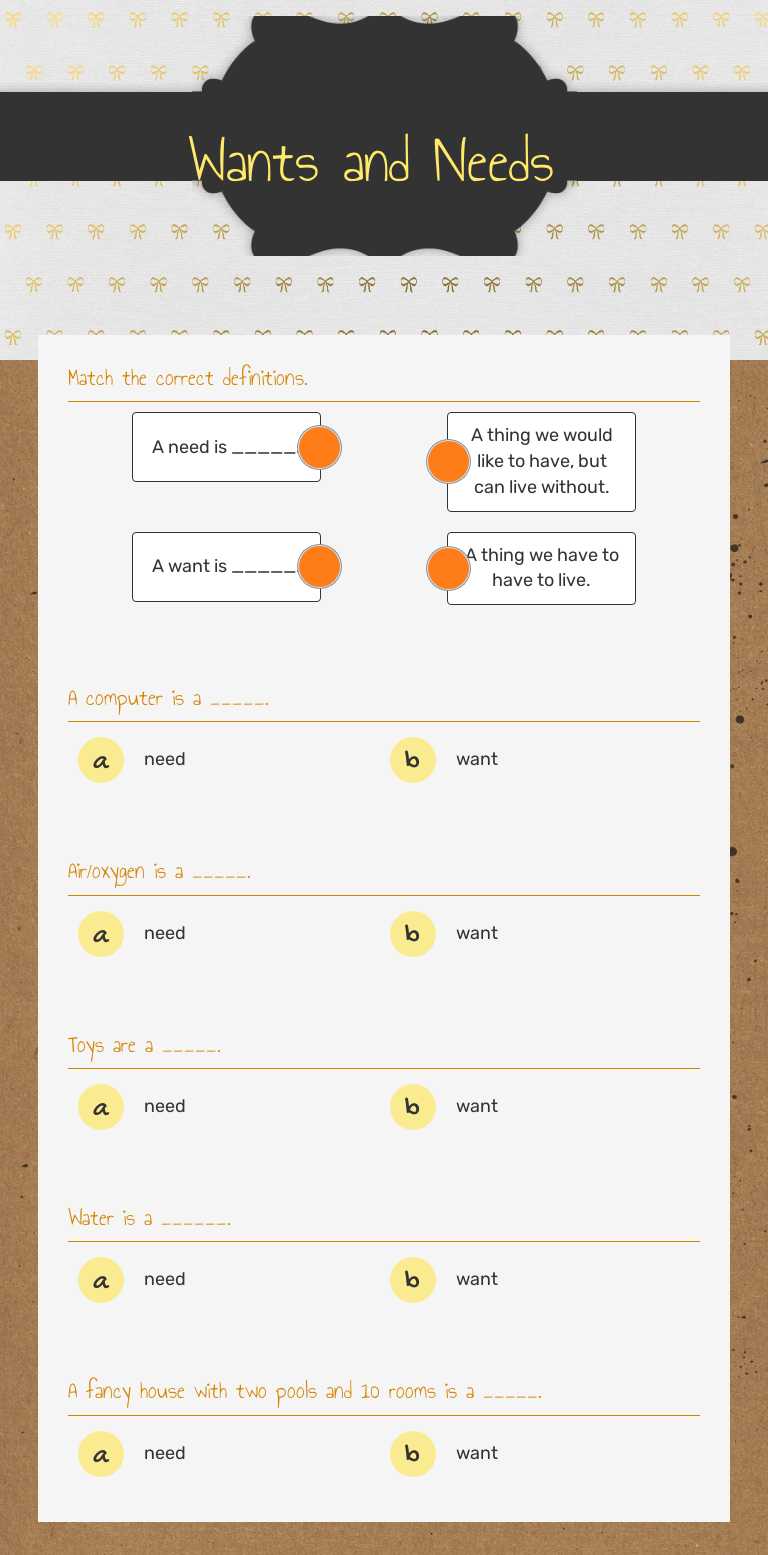 Wants and Needs Grade 1 worksheet preview