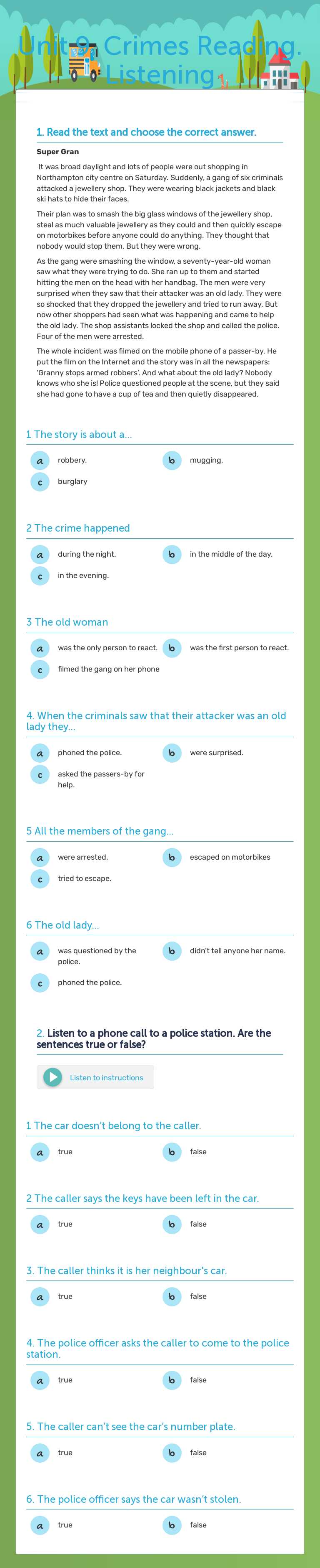 Unit 9. Crimes Reading. Listening worksheet preview image
