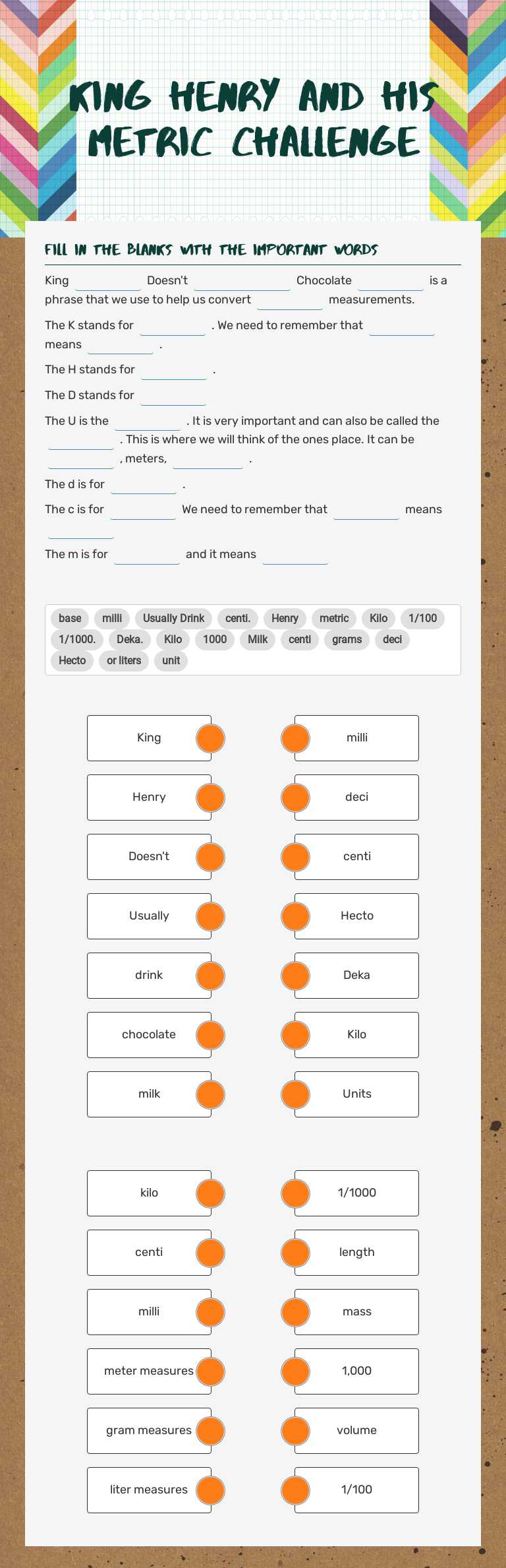 King Henry and his Metric Challenge worksheet preview image