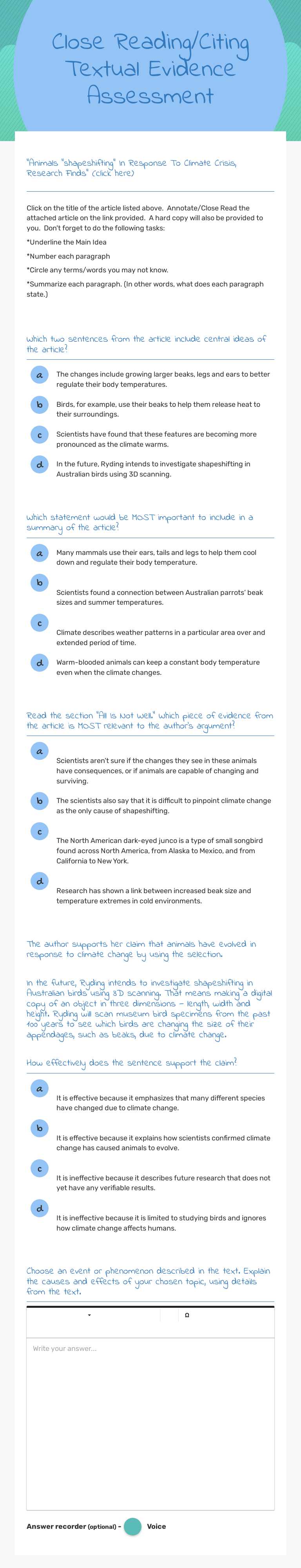 Close Reading/Citing Textual Evidence Assessment Grade 8 worksheet preview