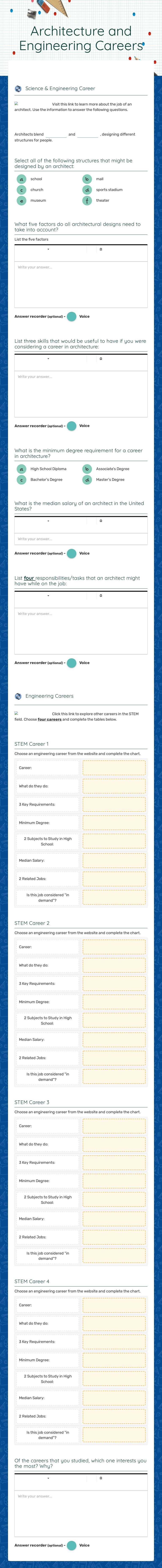 Architecture and Engineering Careers worksheet preview