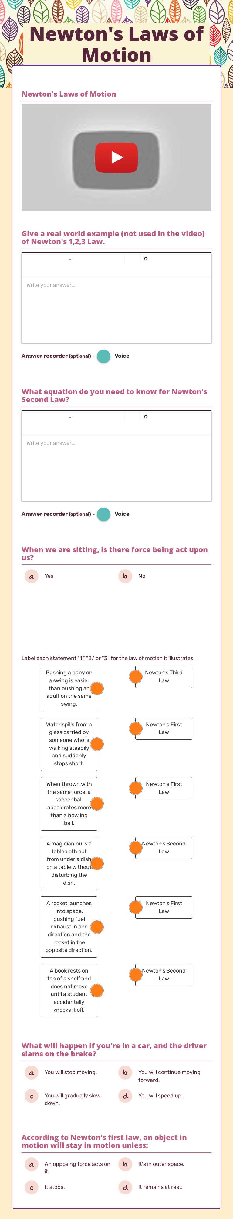 Newton's Laws of Motion worksheet preview image