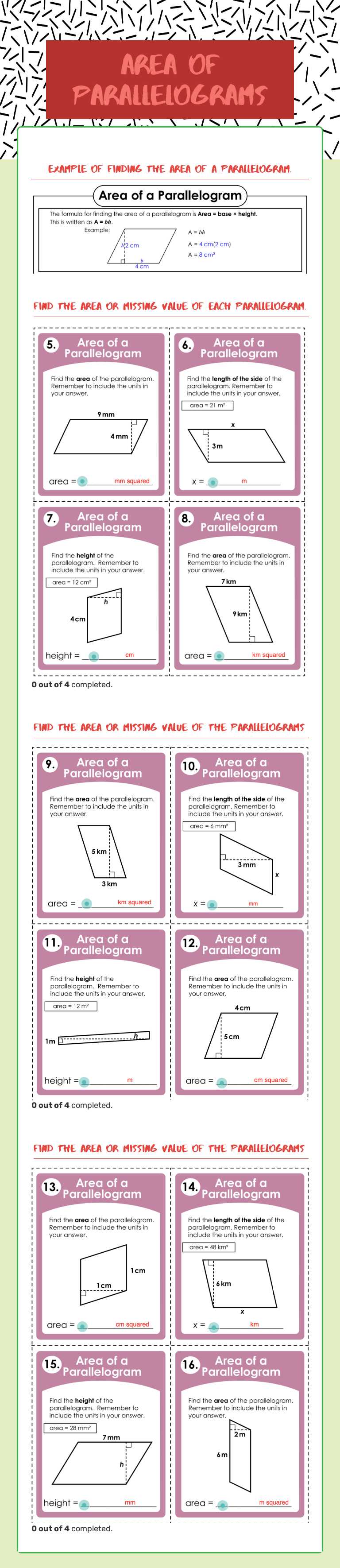 Area of Parallelograms worksheet preview image