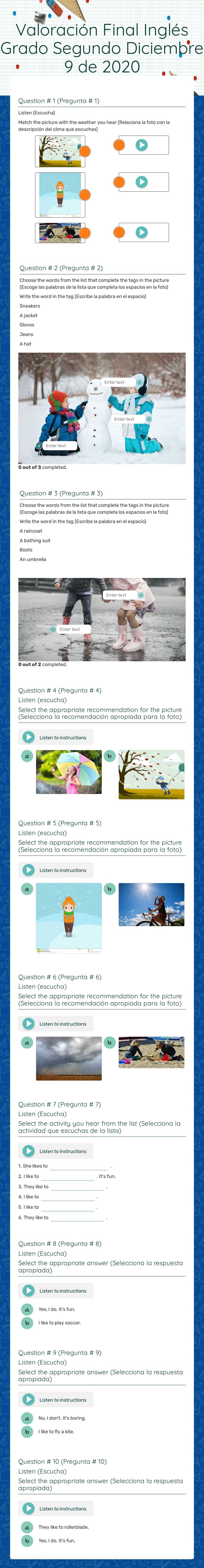Valoración Final Inglés 
Grado Segundo  
Diciembre 9 de 2020 Grade 2 worksheet preview