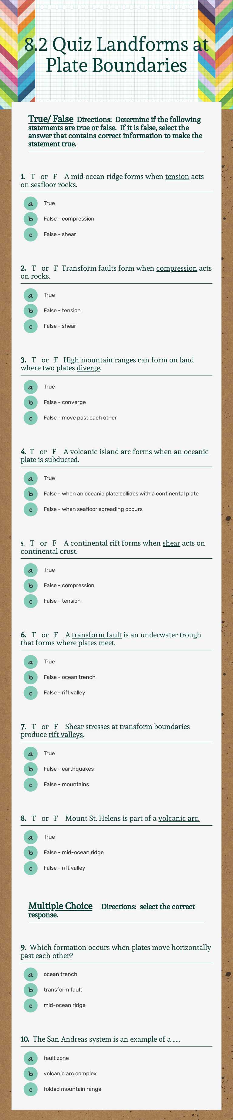 8.2  Quiz    
Landforms at Plate Boundaries worksheet preview image
