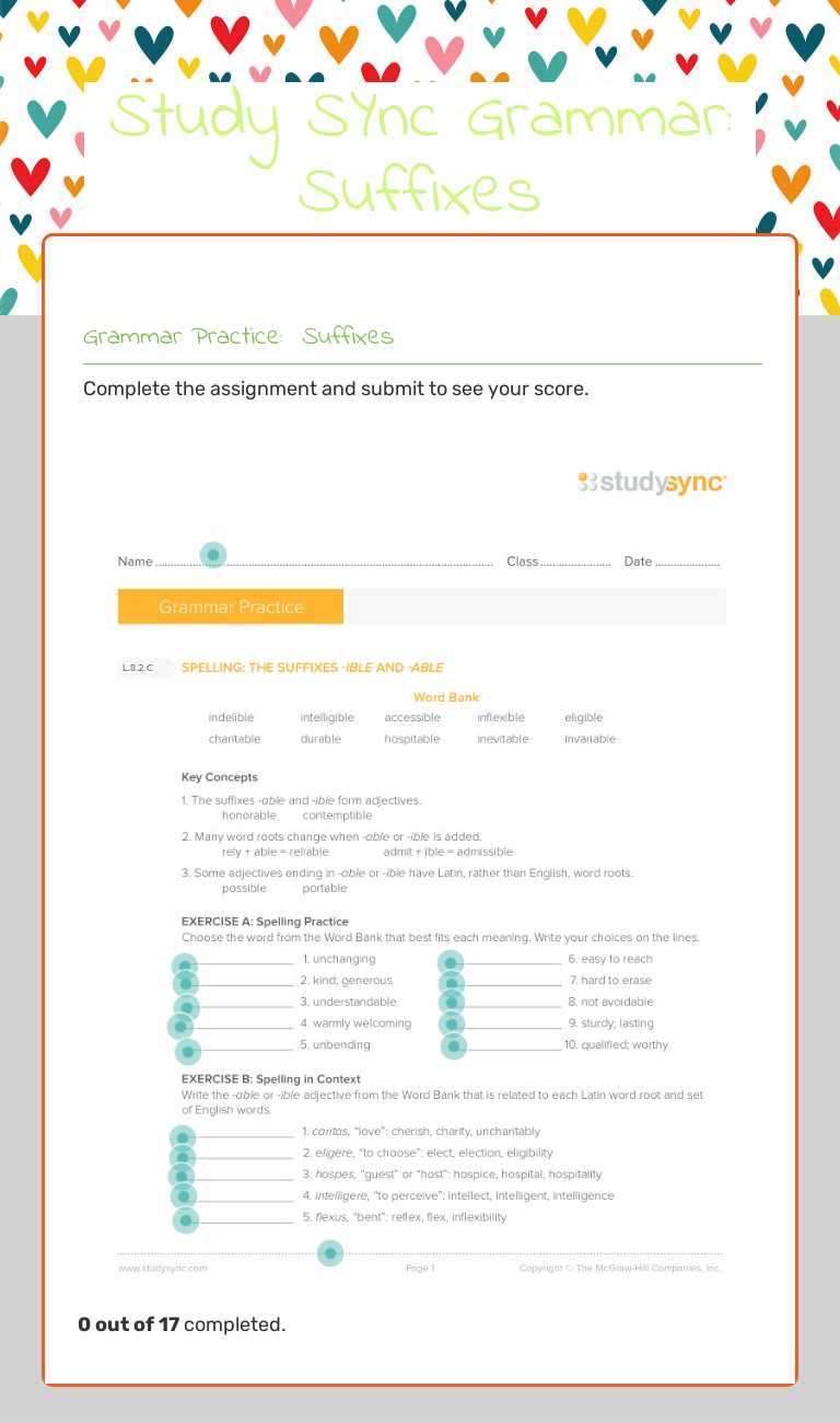 Study SYnc Grammar:  Suffixes worksheet preview image