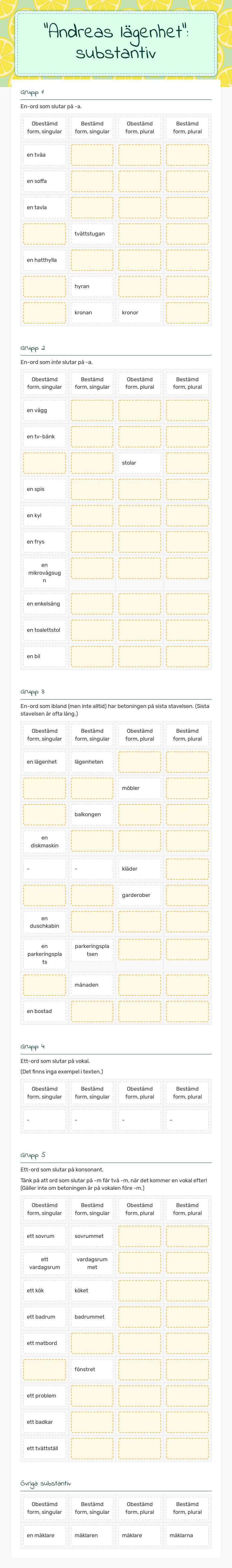 "Andreas lägenhet": substantiv worksheet preview image