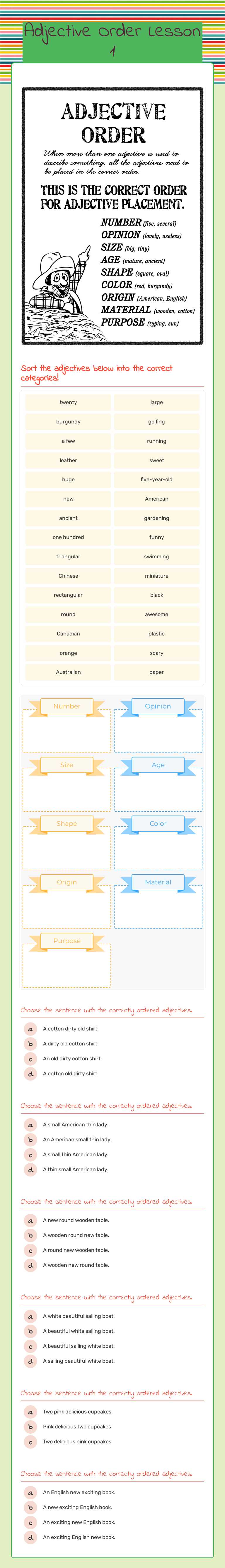 Adjective Order Lesson 1 worksheet preview image