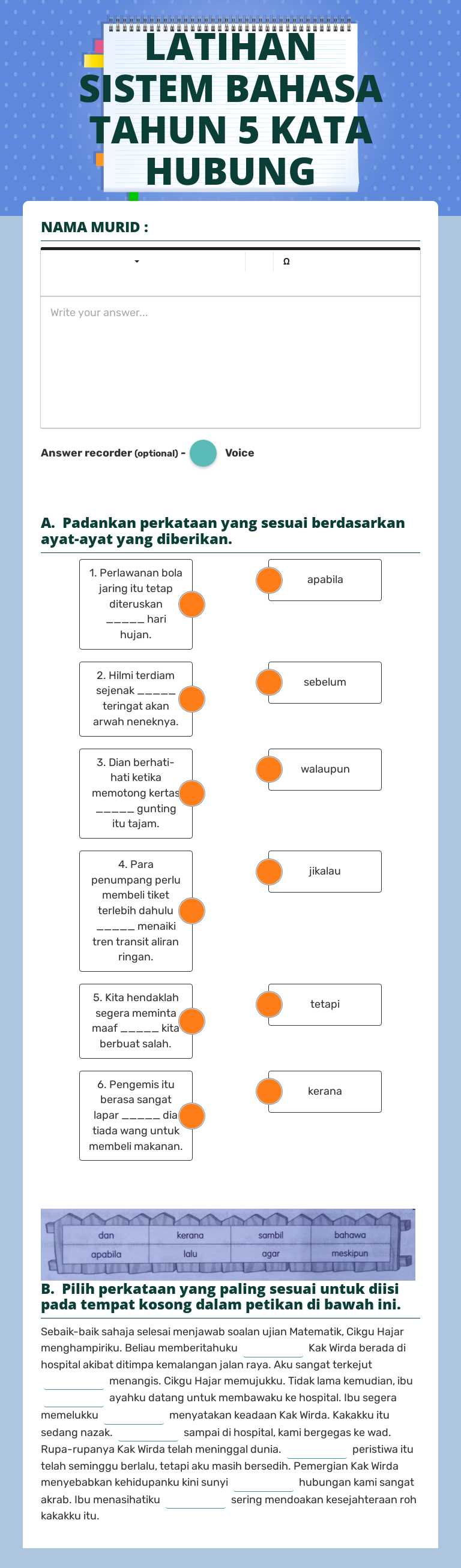 LATIHAN SISTEM BAHASA TAHUN 5 KATA HUBUNG worksheet preview