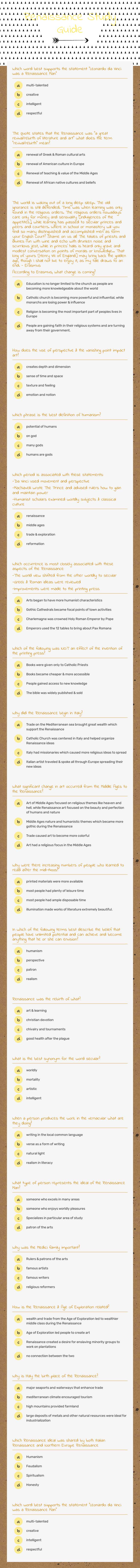 Renaissance Study Guide worksheet preview image