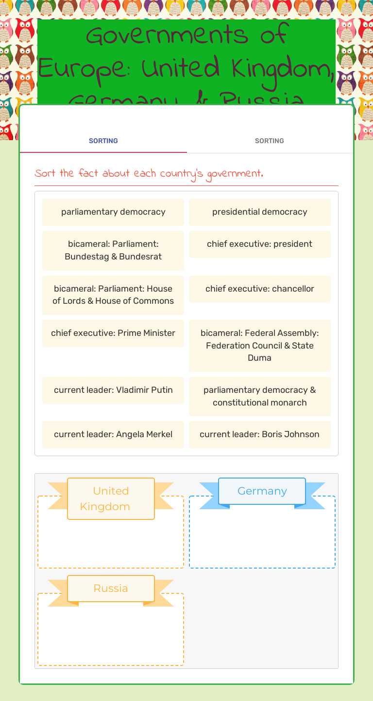 Governments of Europe: United Kingdom, Germany, & Russia Grade 6 worksheet preview