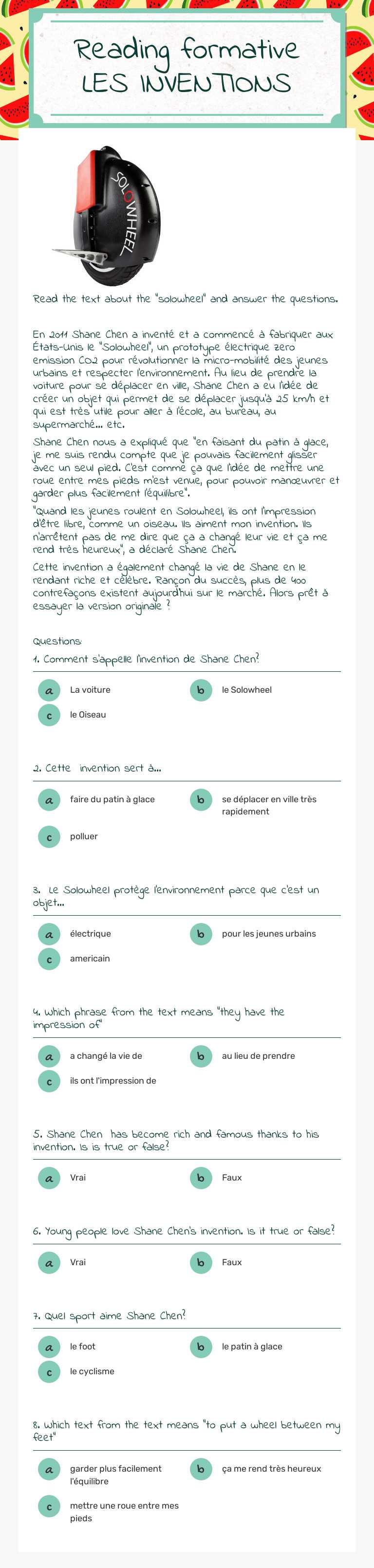 Reading formative LES INVENTIONS worksheet preview image