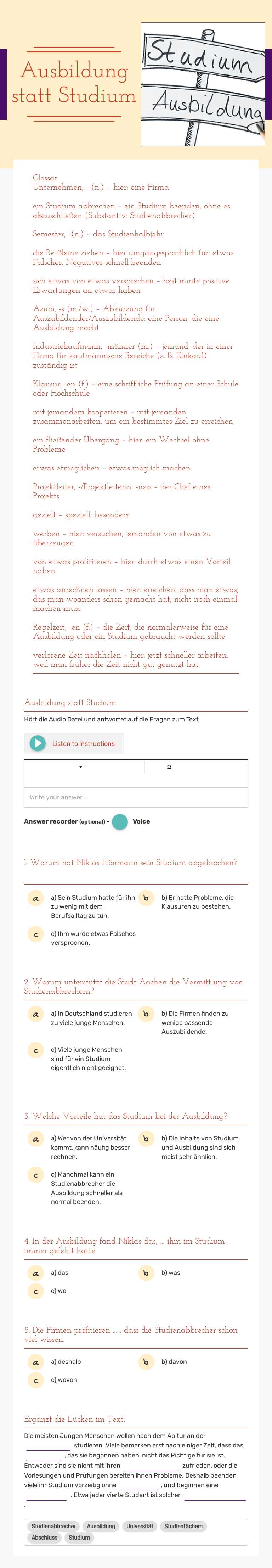 Ausbildung statt Studium worksheet preview image