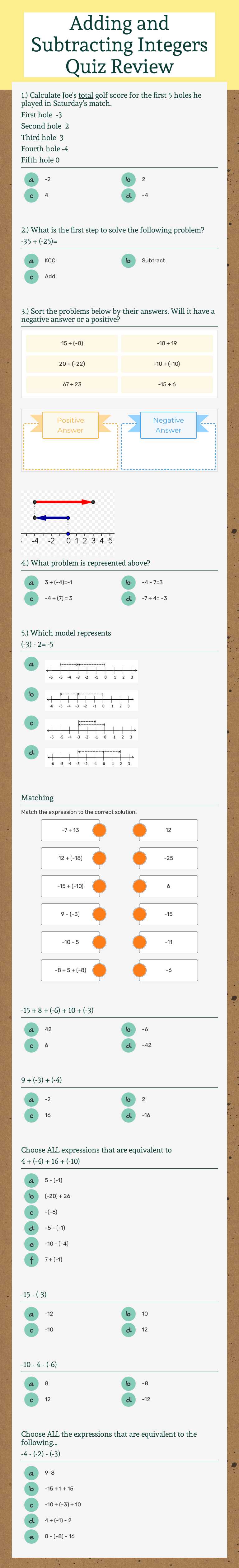 Adding and Subtracting Integers Quiz Review worksheet preview image