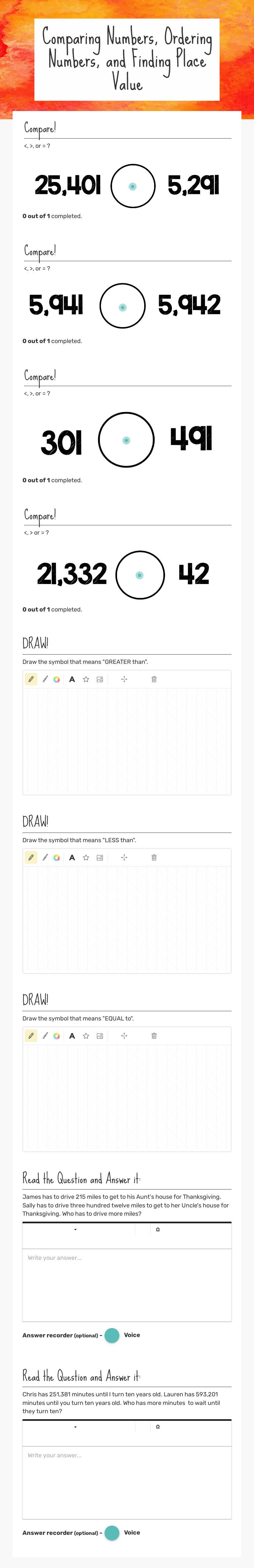 Comparing Numbers, Ordering Numbers, and Finding Place Value worksheet preview image