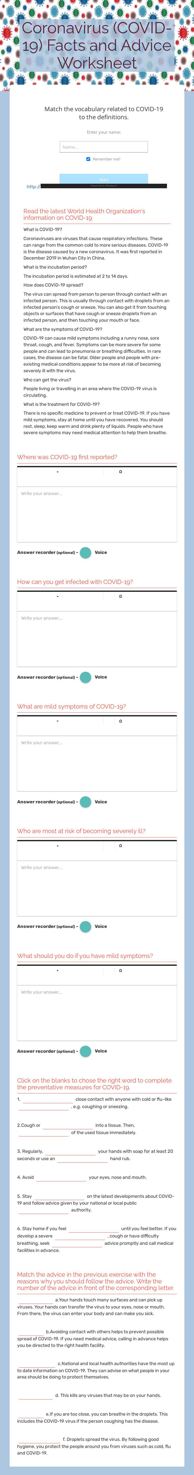 Coronavirus (COVID-19)
Facts and Advice Worksheet worksheet preview image