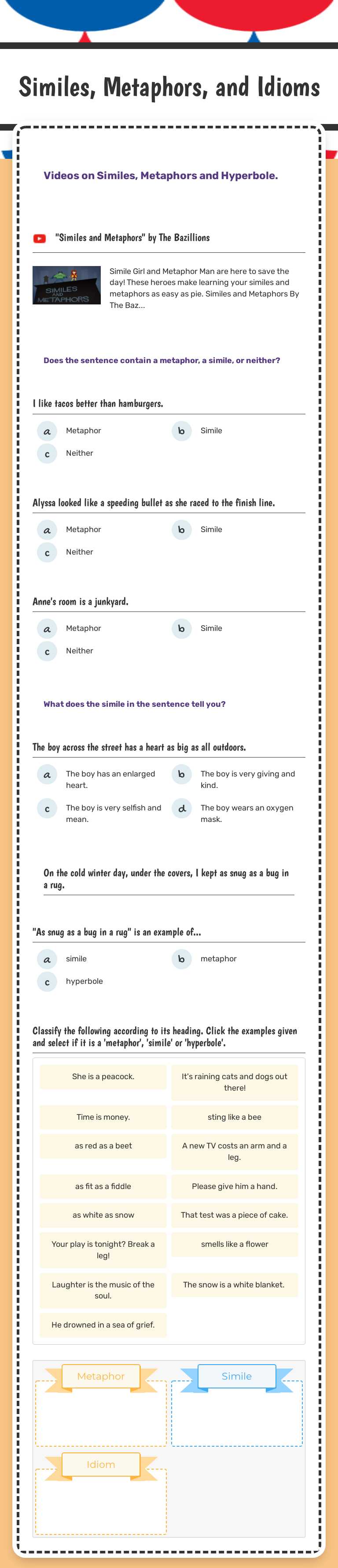 Similes, Metaphors, and Idioms worksheet preview