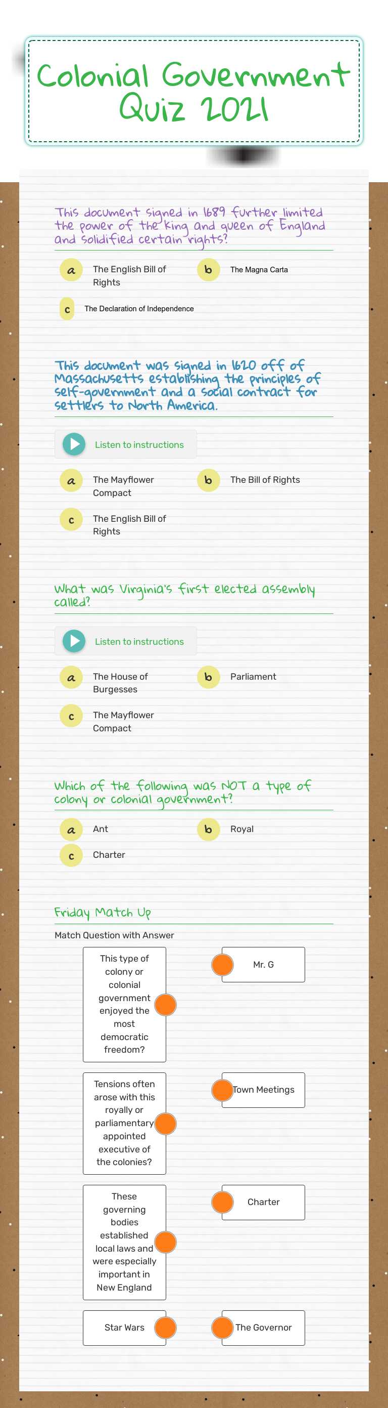 Colonial Government Quiz 2021 worksheet preview image