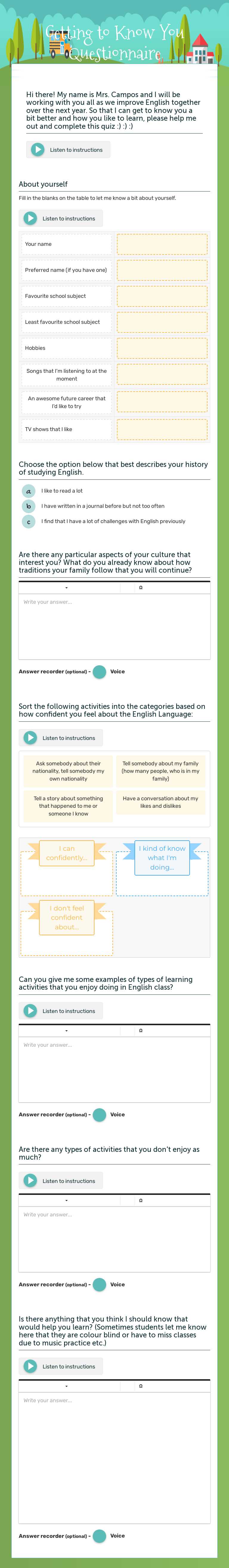 Getting to Know You Questionnaire Grade 10 worksheet preview