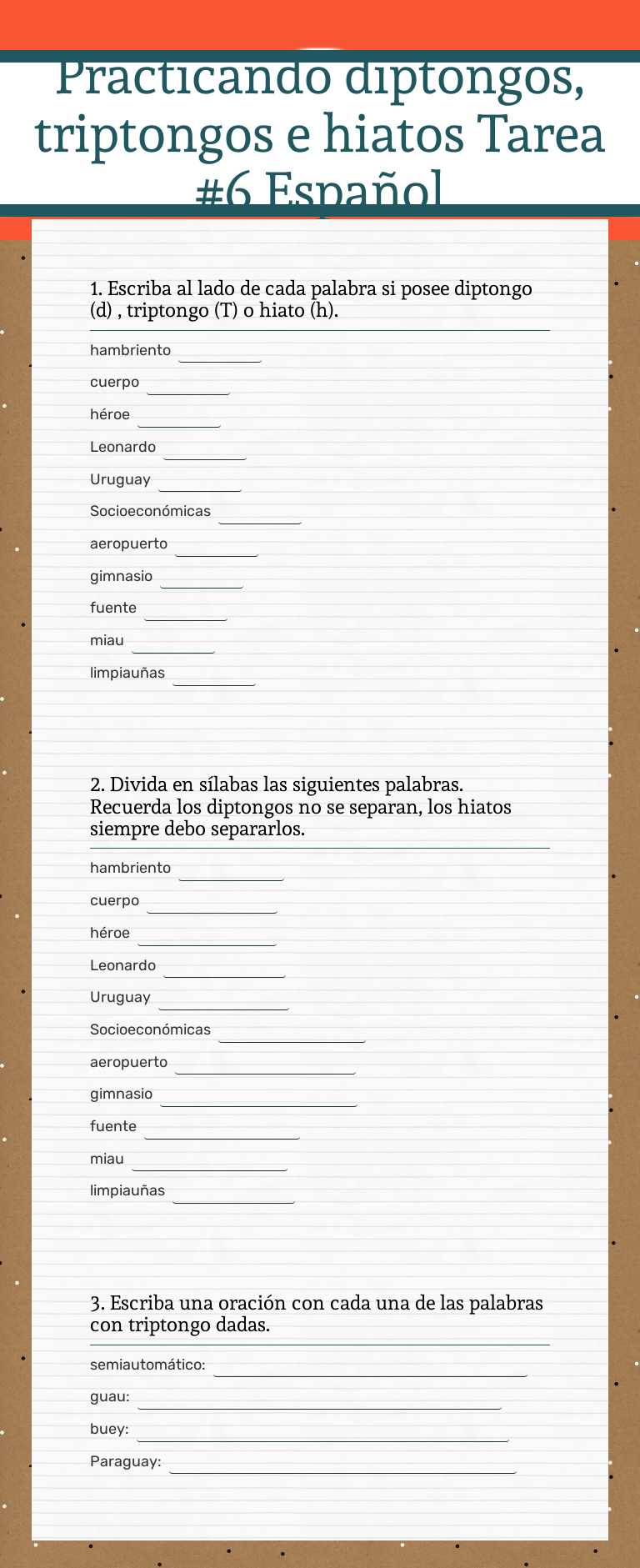 Practicando diptongos, triptongos e hiatos Tarea #6 Español worksheet preview image