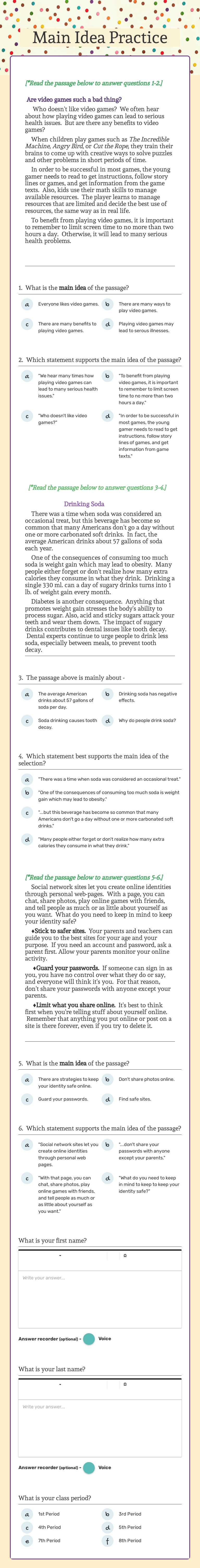 Main Idea Practice Grade 8 worksheet preview