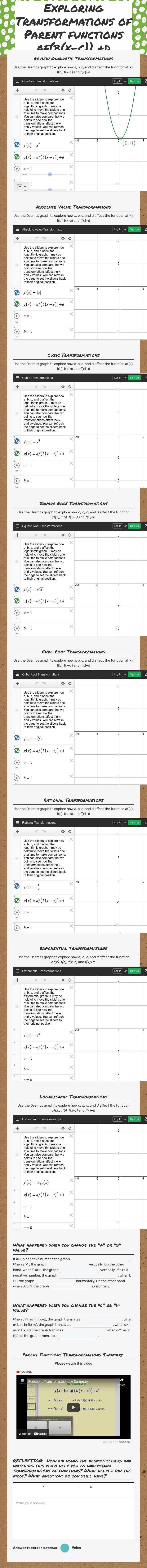 Exploring Transformations of Parent functions  af(b(x-c)) +d worksheet preview image