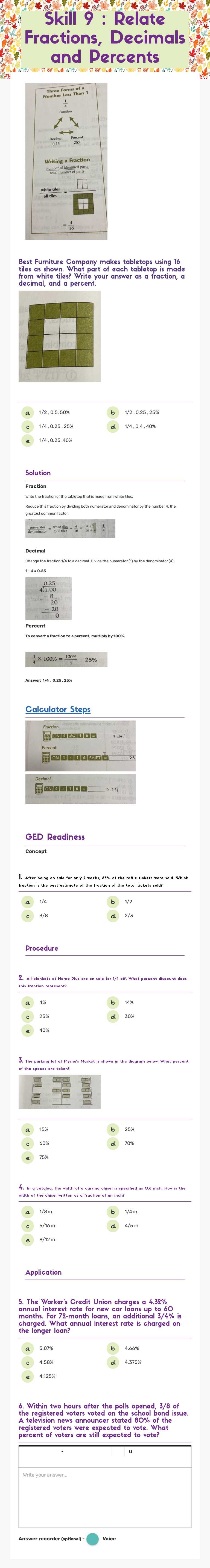 Skill 9 : Relate Fractions, Decimals and Percents worksheet preview image