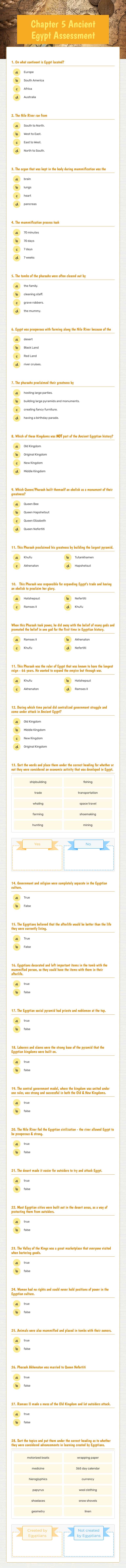 Chapter 5          Ancient Egypt Assessment worksheet preview image