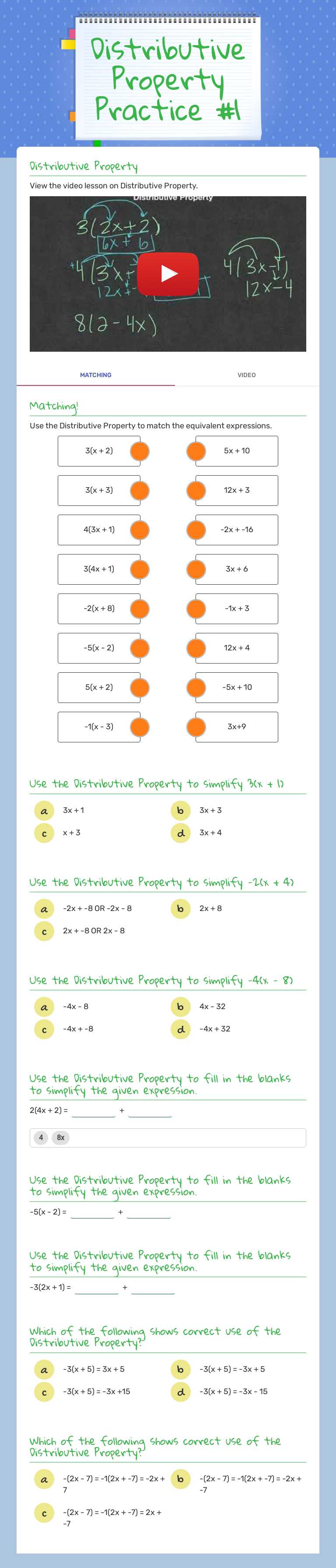 Distributive Property Practice #1 worksheet preview image