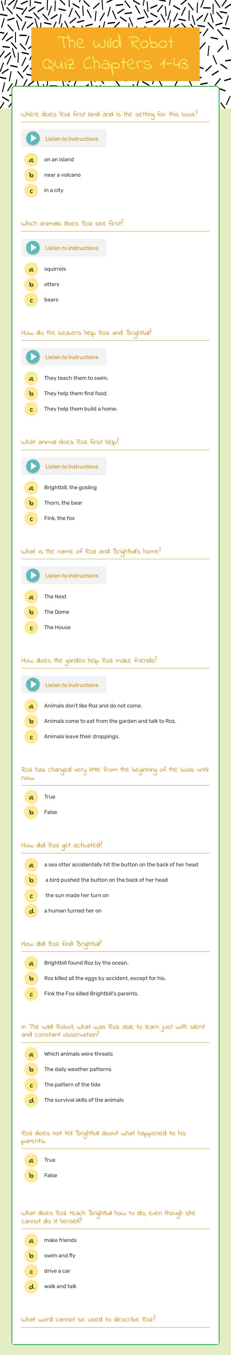 The Wild Robot Quiz        Chapters 1-43 worksheet preview image