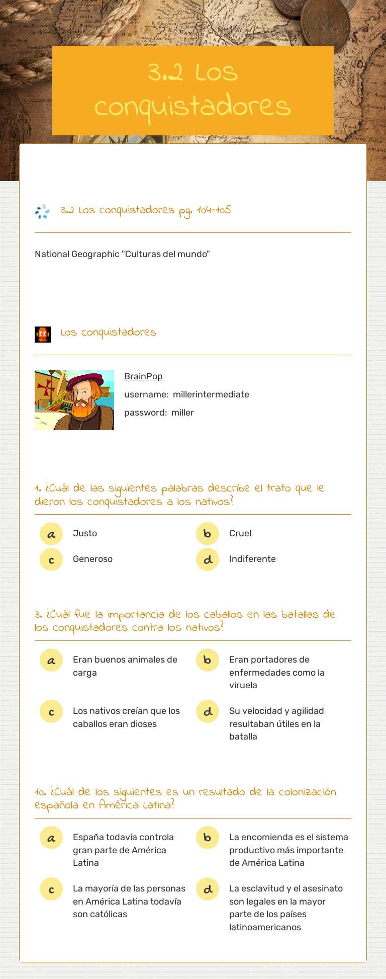 3.2 Los conquistadores worksheet preview image