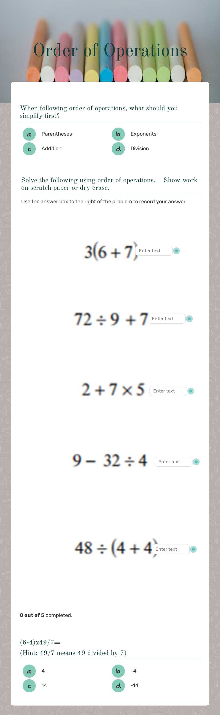 Order of Operations worksheet preview image