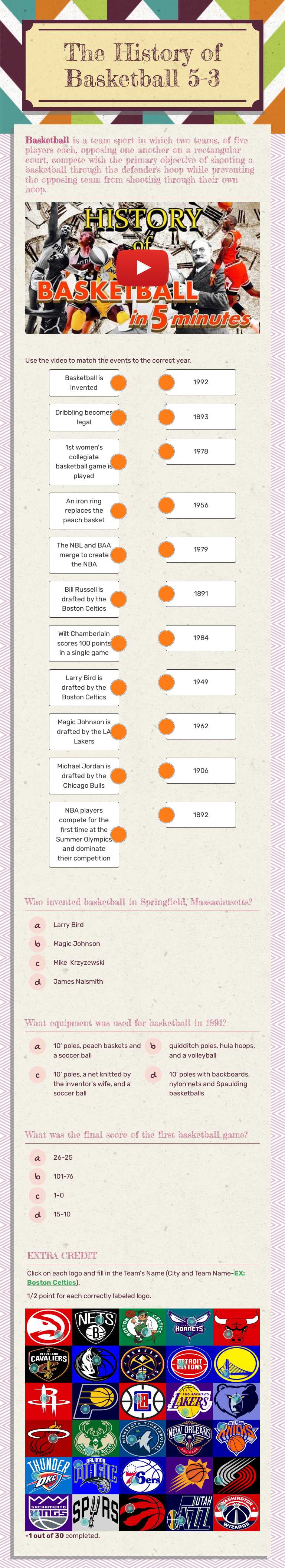 The History of Basketball 5-3 worksheet preview image