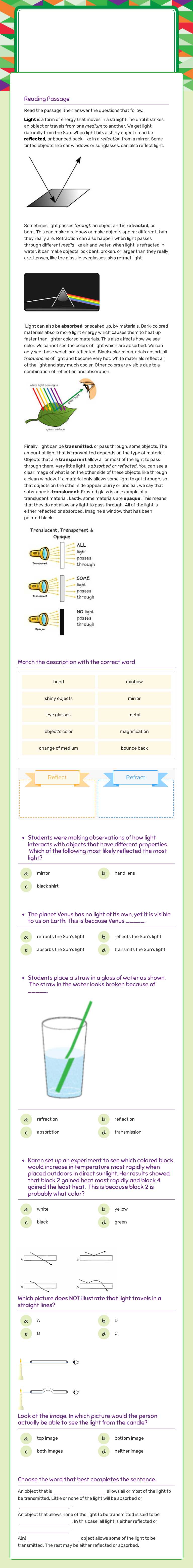 light Behaviors Grade 5 worksheet preview