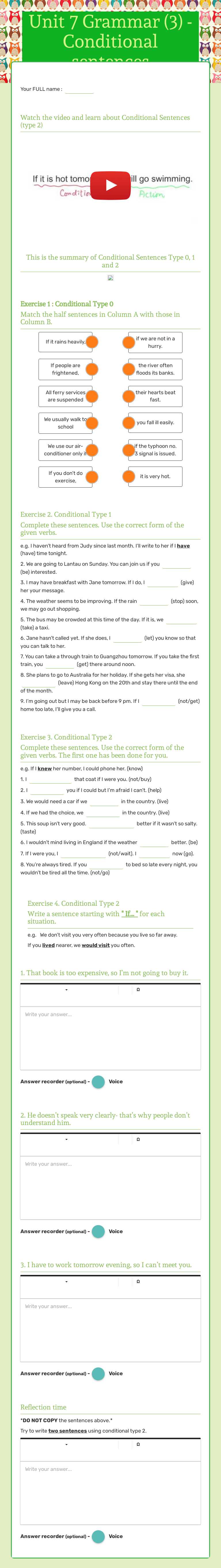 Unit 7 Grammar (3) - Conditional sentences worksheet preview image