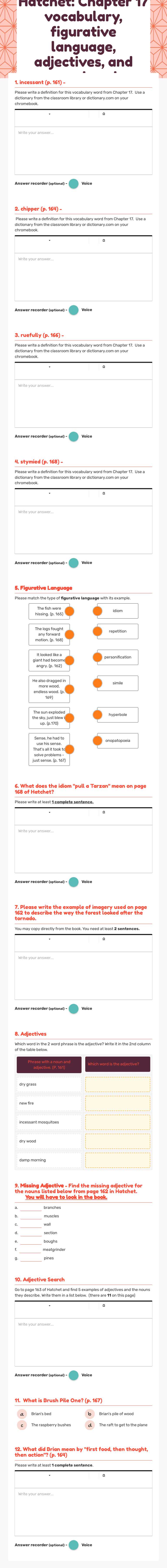 Hatchet: Chapter 17 vocabulary, figurative language, adjectives, and comprehension worksheet preview image