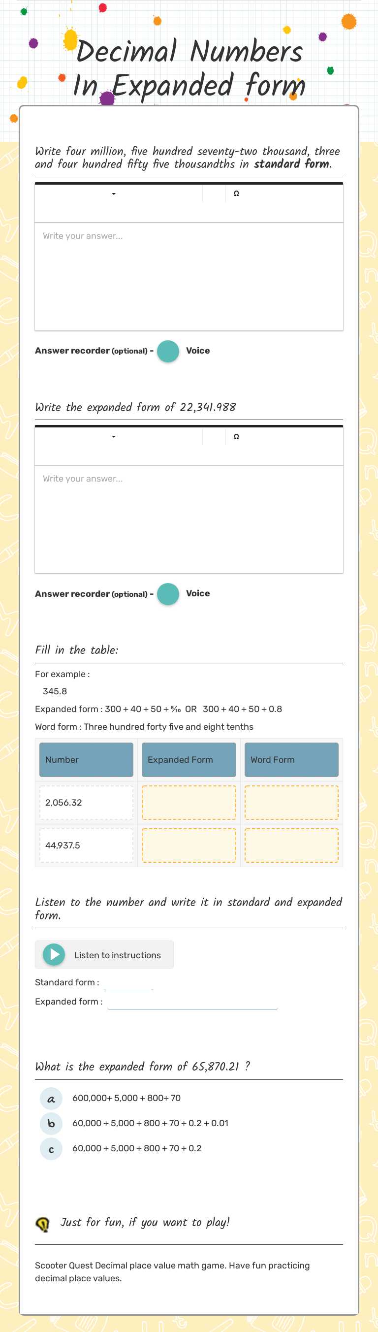 Decimal Numbers In Expanded form Grade 5 worksheet preview