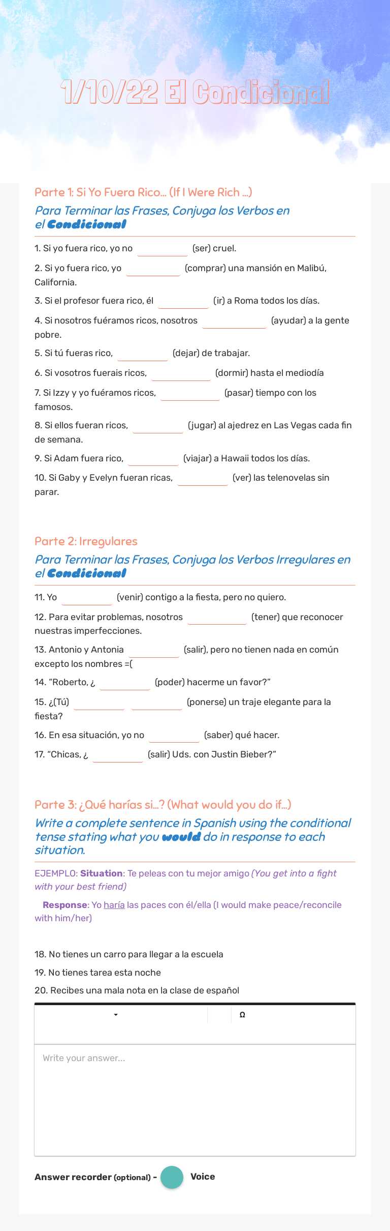 Unidad 6- Avión y tiempo condicional worksheet preview image