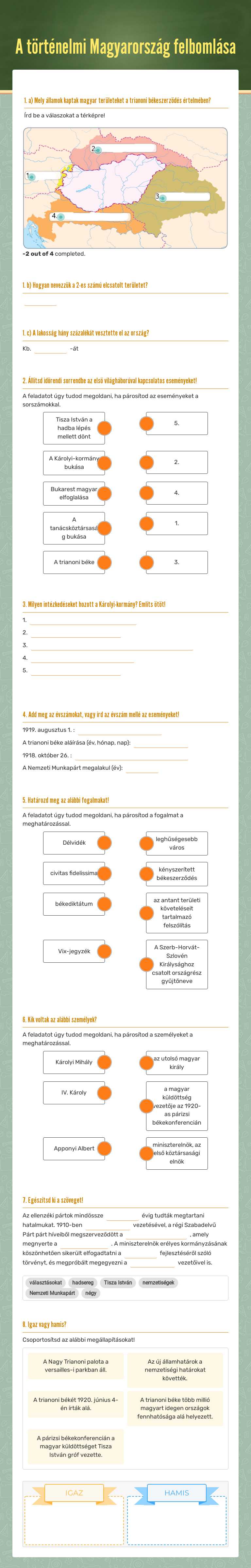 A történelmi Magyarország felbomlása Grade 7 worksheet preview