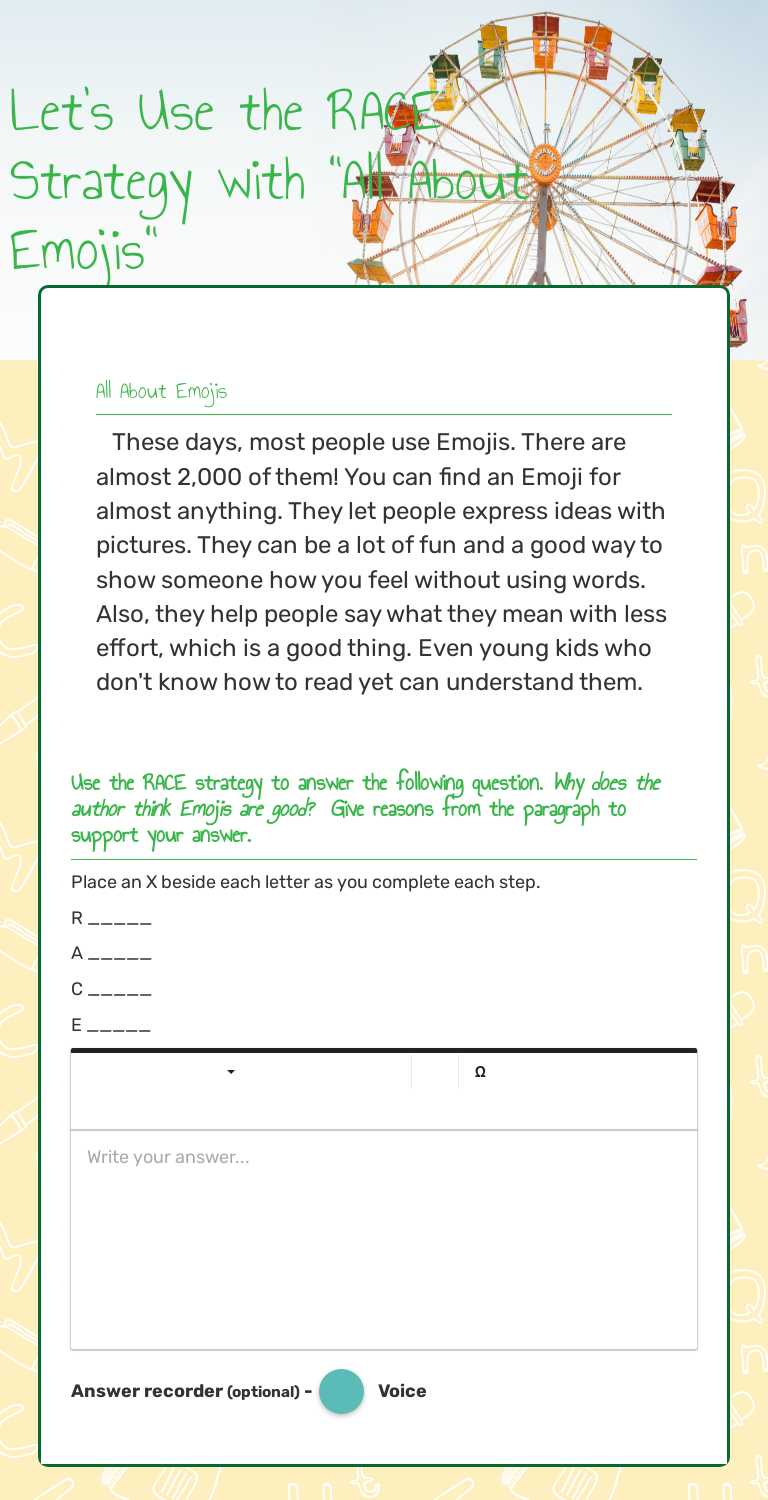 Let's Use the RACE Strategy with "All About Emojis" worksheet preview image