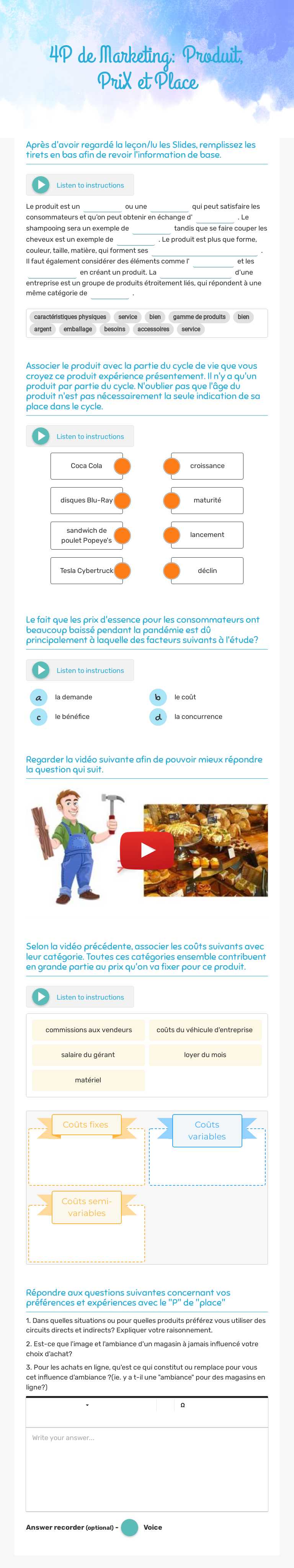 4P de Marketing: Produit, PriX et Place worksheet preview image