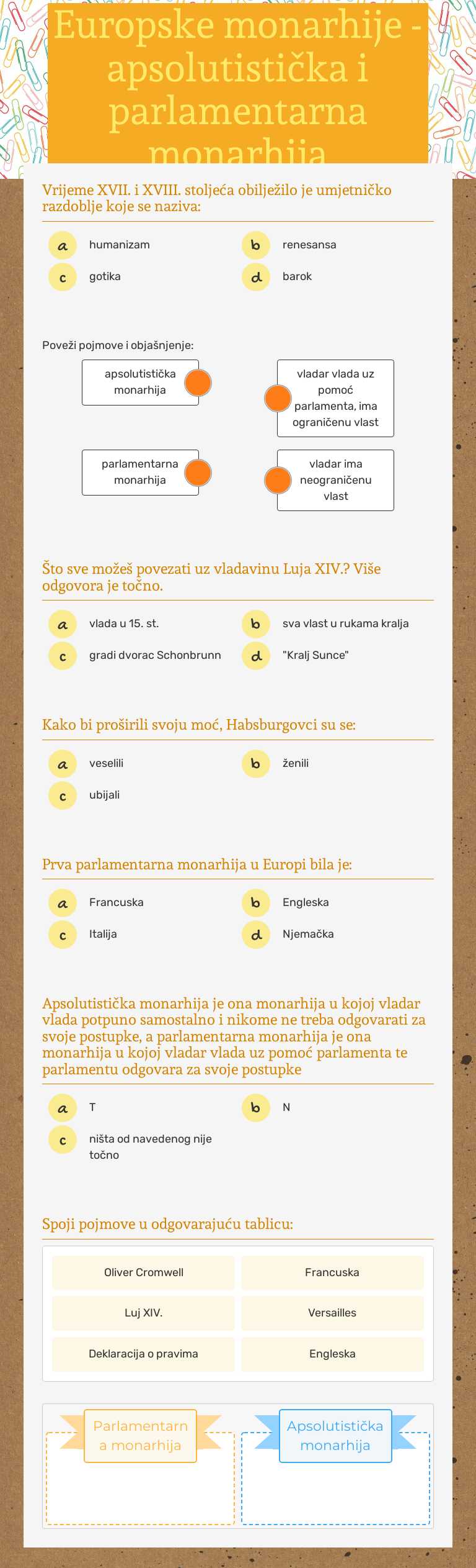 Europske monarhije - apsolutistička i parlamentarna monarhija worksheet preview image