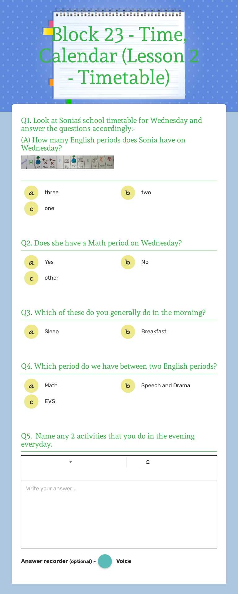 Block 23 - Time, Calendar  (Lesson 2 - Timetable) worksheet preview image