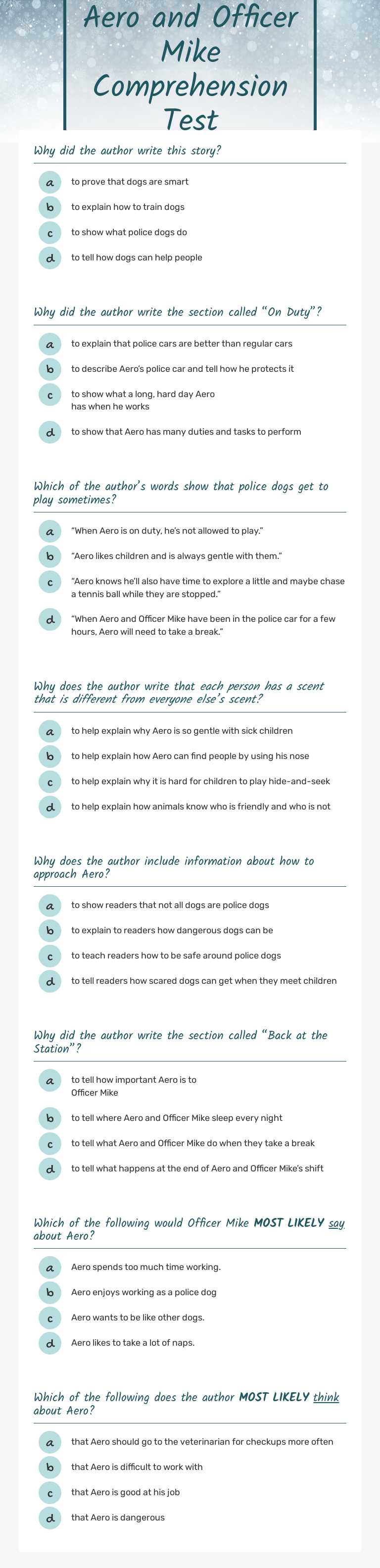 Aero and Officer Mike Comprehension Test worksheet preview image